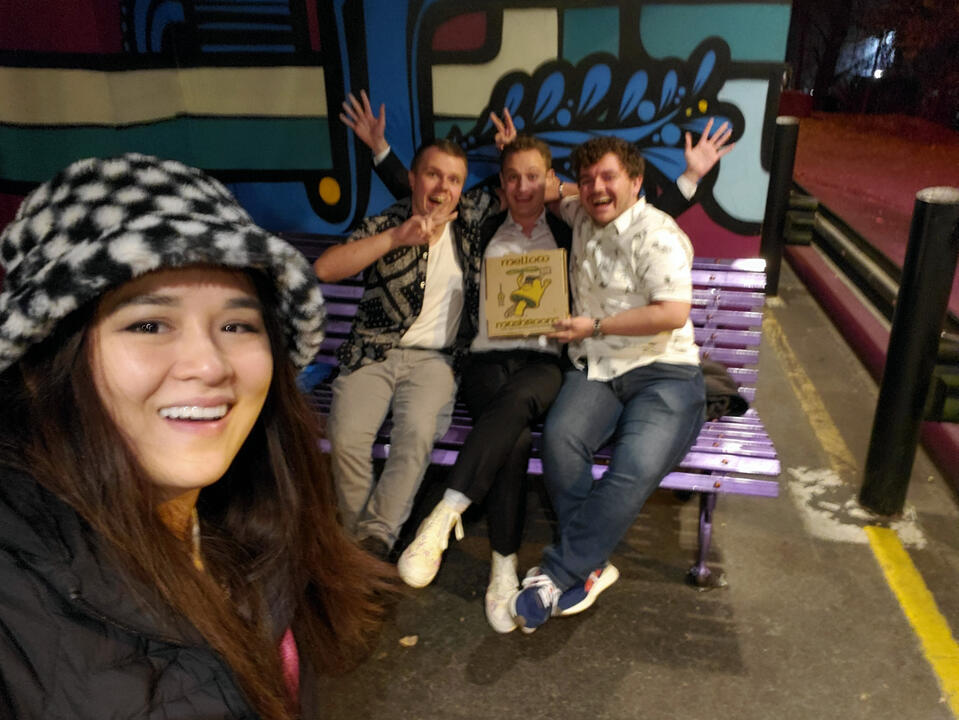 Adrienne Wilson, John A. Bryant, JoJo Scanlon, and Will Brady getting Mellow Mushroom after the Atlanta Comedy Film Festival